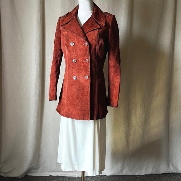 Vintage 1970s Rust Suede Double Breasted Mod Tailored Peacoat XS S - Picture 5 of 8